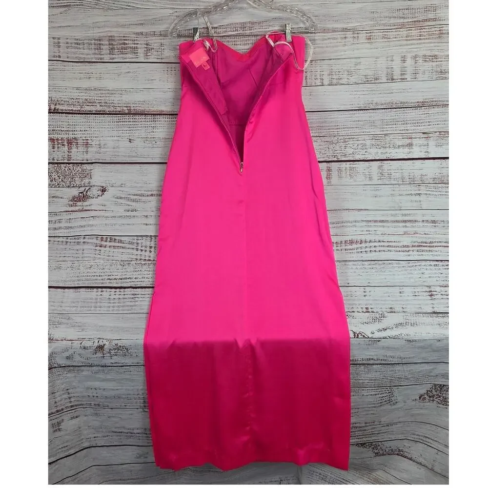 Lilly Pulitzer Carlynn Pink Satin Gown Strapless Side Slits Maxi Event Dress 0